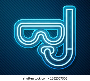 Glowing neon line Diving mask and snorkel icon isolated on blue background. Extreme sport. Diving underwater equipment.  Vector Illustration