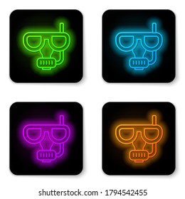 Glowing neon line Diving mask and snorkel icon isolated on white background. Extreme sport. Diving underwater equipment. Black square button. Vector