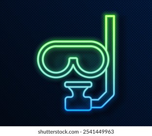 Glowing neon line Diving mask and snorkel icon isolated on blue background. Extreme sport. Diving underwater equipment.  Vector