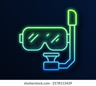 Glowing neon line Diving mask and snorkel icon isolated on blue background. Extreme sport. Diving underwater equipment.  Vector