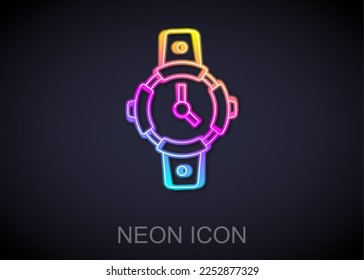 Glowing neon line Diving watch icon isolated on black background. Diving underwater equipment.  Vector
