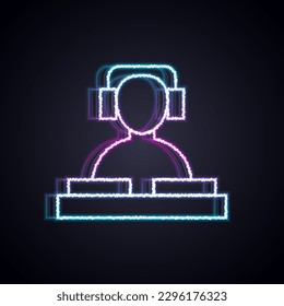 Glowing neon line DJ wearing headphones in front of record decks icon isolated on black background. DJ playing music.  Vector