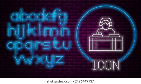 Glowing neon line DJ wearing headphones in front of record decks icon isolated on brick wall background. DJ playing music. Neon light alphabet. Vector