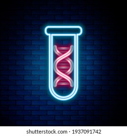 Glowing neon line DNA research, search icon isolated on brick wall background. Genetic engineering, genetics testing, cloning, paternity testing. Colorful outline concept. Vector