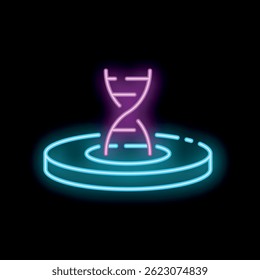 Glowing neon line dna strand floating over platform icon illustrating genetic engineering concept
