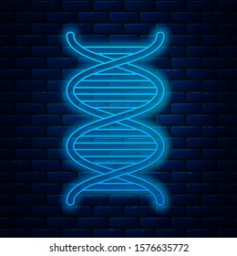 Glowing neon line DNA symbol icon isolated on brick wall background.  Vector Illustration