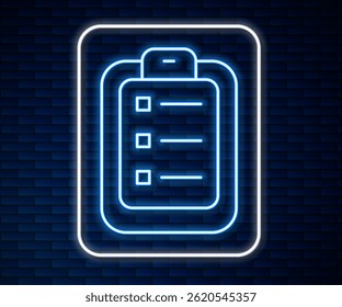 Glowing neon line To do list or planning icon isolated on brick wall background.  Vector