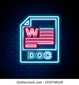 Glowing neon line DOC file document. Download doc button icon isolated on brick wall background. DOC file extension symbol. Colorful outline concept. Vector