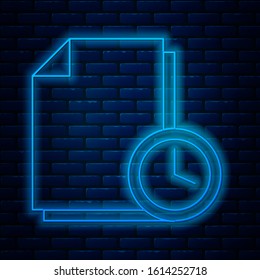 Glowing neon line Document with clock icon isolated on brick wall background. Document and countdown, deadline, schedule, planning symbol.  Vector Illustration