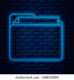 Glowing neon line Document folder icon isolated on brick wall background. Accounting binder symbol. Bookkeeping management.  Vector Illustration