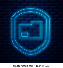 Glowing neon line Document folder protection concept icon isolated on brick wall background. Confidential information and privacy idea, guard, shield.  Vector Illustration