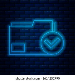 Glowing neon line Document folder and check mark icon isolated on brick wall background. Checklist icon. Business concept.  Vector Illustration