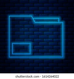 Glowing neon line Document folder icon isolated on brick wall background. Accounting binder symbol. Bookkeeping management.  Vector Illustration