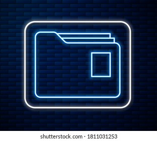 Glowing neon line Document folder icon isolated on brick wall background. Accounting binder symbol. Bookkeeping management.  Vector Illustration