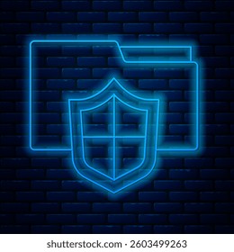 Glowing neon line Document folder protection concept icon isolated on brick wall background. Confidential information and privacy idea, guard, shield.  Vector
