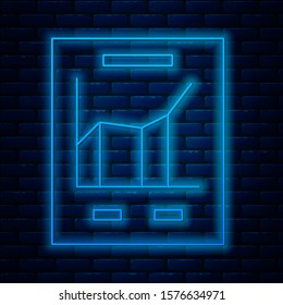 Glowing neon line Document with graph chart icon isolated on brick wall background. Report text file icon. Accounting sign. Audit, analysis, planning.  Vector Illustration