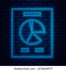 Glowing neon line Document with graph chart icon isolated on brick wall background. Report text file icon. Accounting sign. Audit, analysis, planning.  Vector Illustration