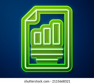 Línea de neón brillante Documento con el icono de gráfico gráfico gráfico gráfico aislado en fondo azul. Icono de archivo de texto de informe. Signo de contabilidad. Auditoría, análisis, planificación.  Vector