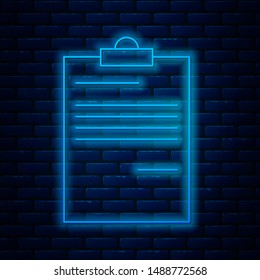 Glowing neon line Document icon isolated on brick wall background. File icon. Checklist icon. Business concept.   Vector Illustration