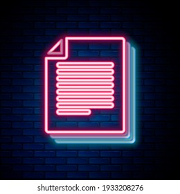 Glowing neon line Document icon isolated on brick wall background. File icon. Checklist icon. Business concept. Colorful outline concept. Vector