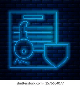 Glowing neon line Document with key with shield icon isolated on brick wall background. Key insurance. Security, safety, protection, protect concept.  Vector Illustration