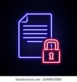 Glowing neon line Document and lock icon isolated on brick wall background. File format and padlock. Security, safety, protection concept. Colorful outline concept. Vector