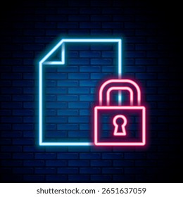 Glowing neon line Document and lock icon isolated on brick wall background. File format and padlock. Security, safety, protection concept. Colorful outline concept. Vector
