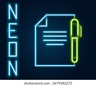 Icono de documento y pluma de línea de neón brillante aislado sobre fondo negro. Icono de archivo. Icono de lista de comprobación. Concepto de negocio. Concepto de contorno colorido. Ilustración vectorial