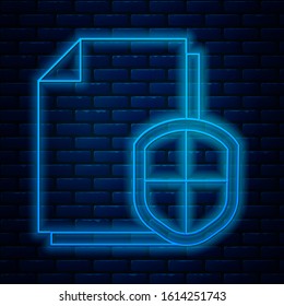 Glowing neon line Document protection concept icon isolated on brick wall background. Confidential information and privacy idea, secure, guard, shield.  Vector Illustration