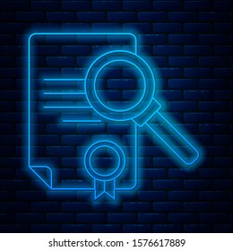 Glowing neon line Document with search icon isolated on brick wall background. File and magnifying glass icon. Analytics research sign.  Vector Illustration