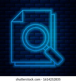 Glowing neon line Document with search icon isolated on brick wall background. File and magnifying glass icon. Analytics research sign.  Vector Illustration