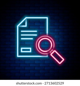 Glowing neon line Document with search icon isolated on brick wall background. File and magnifying glass icon. Analytics research sign. Colorful outline concept. Vector
