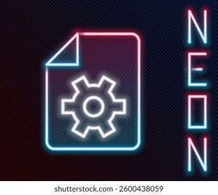 Glowing neon line Document settings with gears icon isolated on black background. Software update, transfer protocol, teamwork tool management. Colorful outline concept. Vector