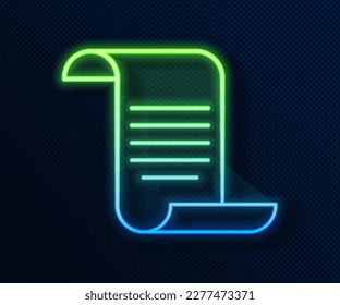 Glowing neon line Document with shield icon isolated on blue background. Insurance concept. Security, safety, protection, protect concept.  Vector