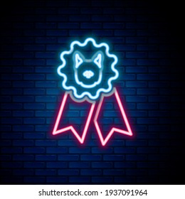 Glowing neon line Dog award symbol icon isolated on brick wall background. Medal with dog footprint as pets exhibition winner concept. Colorful outline concept. Vector