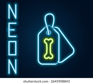 Glowing neon line Dog collar with name tag and bone plaque icon isolated on black background. Supplies for domestic animal. Cat and dog care. Pet dog chains. Colorful outline concept. Vector