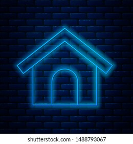 Glowing neon line Dog house icon isolated on brick wall background. Dog kennel.  Vector Illustration