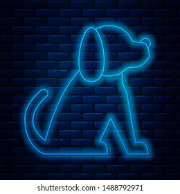 Glowing neon line Dog icon isolated on brick wall background.  Vector Illustration