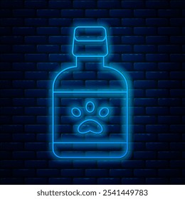 Glowing neon line Dog medicine bottle icon isolated on brick wall background. Container with pills. Prescription medicine for animal.  Vector