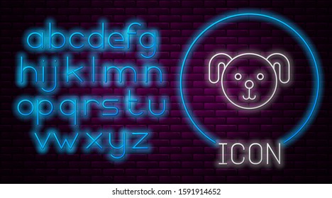 Glowing neon line Dog zodiac sign icon isolated on brick wall background. Astrological horoscope collection. Neon light alphabet. Vector Illustration