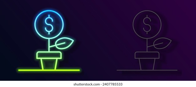 Glowing neon line Dollar plant icon isolated on black background. Business investment growth concept. Money savings and investment.  Vector