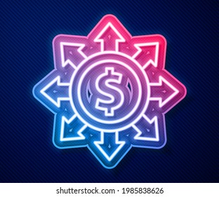Glowing neon line Dollar, share, network icon isolated on blue background.  Vector
