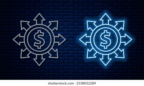 Glowing neon line Dollar, share, network icon isolated on brick wall background.  Vector