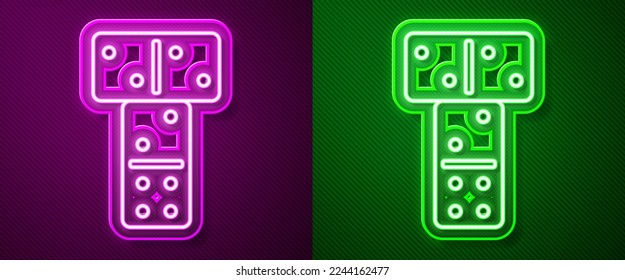 Glowing neon line Domino icon isolated on purple and green background.  Vector