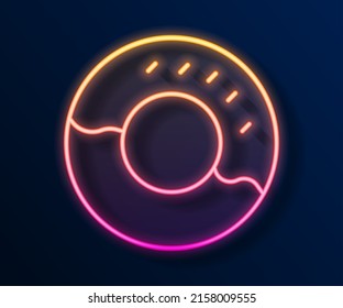 Glowing neon line Donut with sweet glaze icon isolated on black background.  Vector