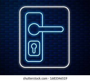 Glowing neon line Door handle icon isolated on brick wall background. Door lock sign.  Vector Illustration