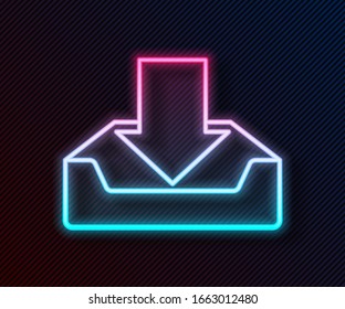 Glowing neon line Download inbox icon isolated on black background.  Vector Illustration
