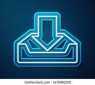 Glowing neon line Download inbox icon isolated on blue background.  Vector Illustration