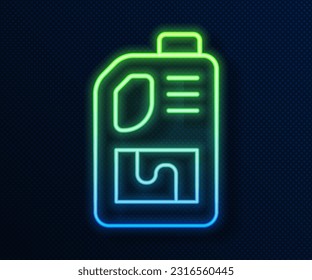 Glowing neon line Drain cleaner bottle icon isolated on blue background. Water pipes cleaning. Plumbing repair symbol.  Vector