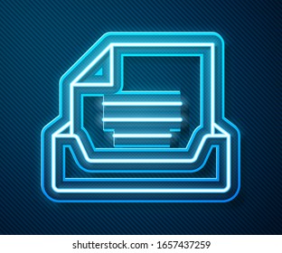 Glowing neon line Drawer with document icon isolated on blue background. Archive papers drawer. File Cabinet Drawer. Office furniture.  Vector Illustration